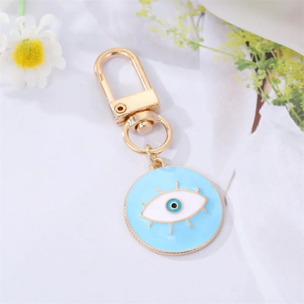 Round Evil Eye Keychain Key Ring light blue and white NWT Zinc Alloy